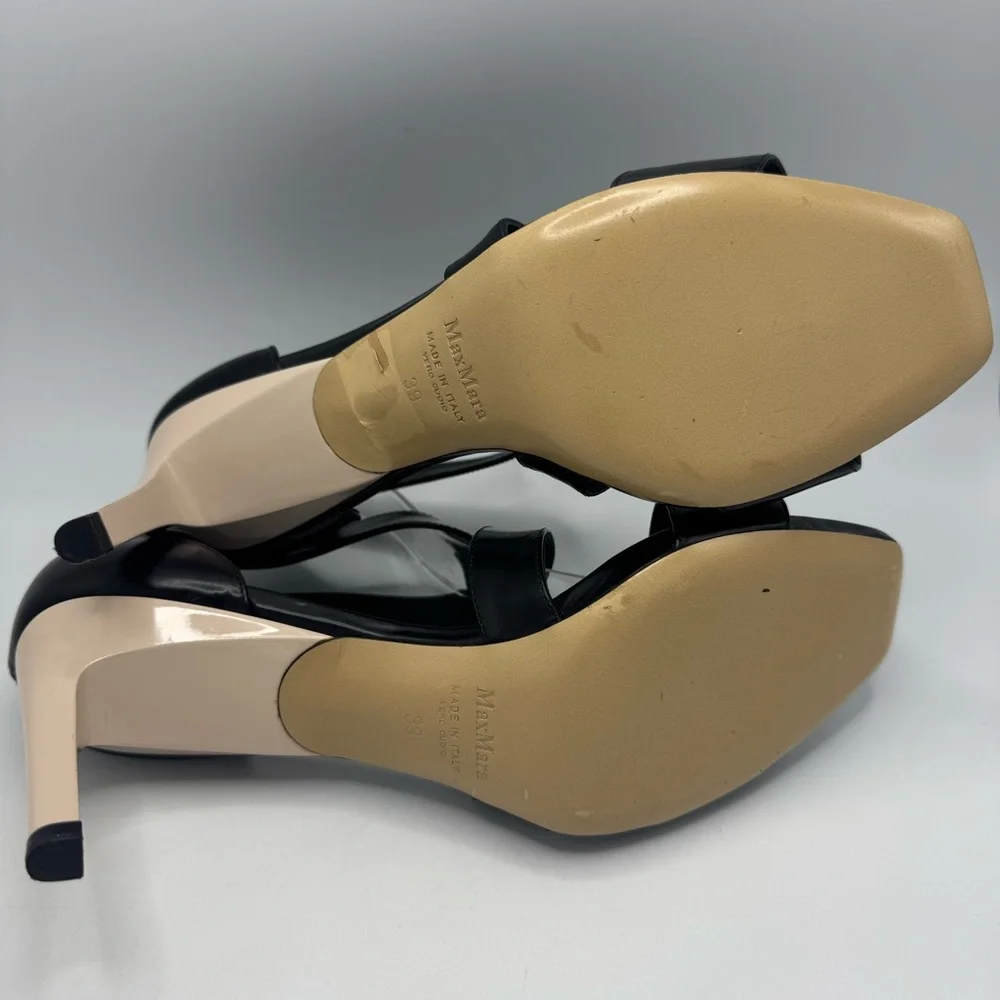 Max Mara Strappy Leather Heeled Square Toe Sandals Black Ivory Size 39